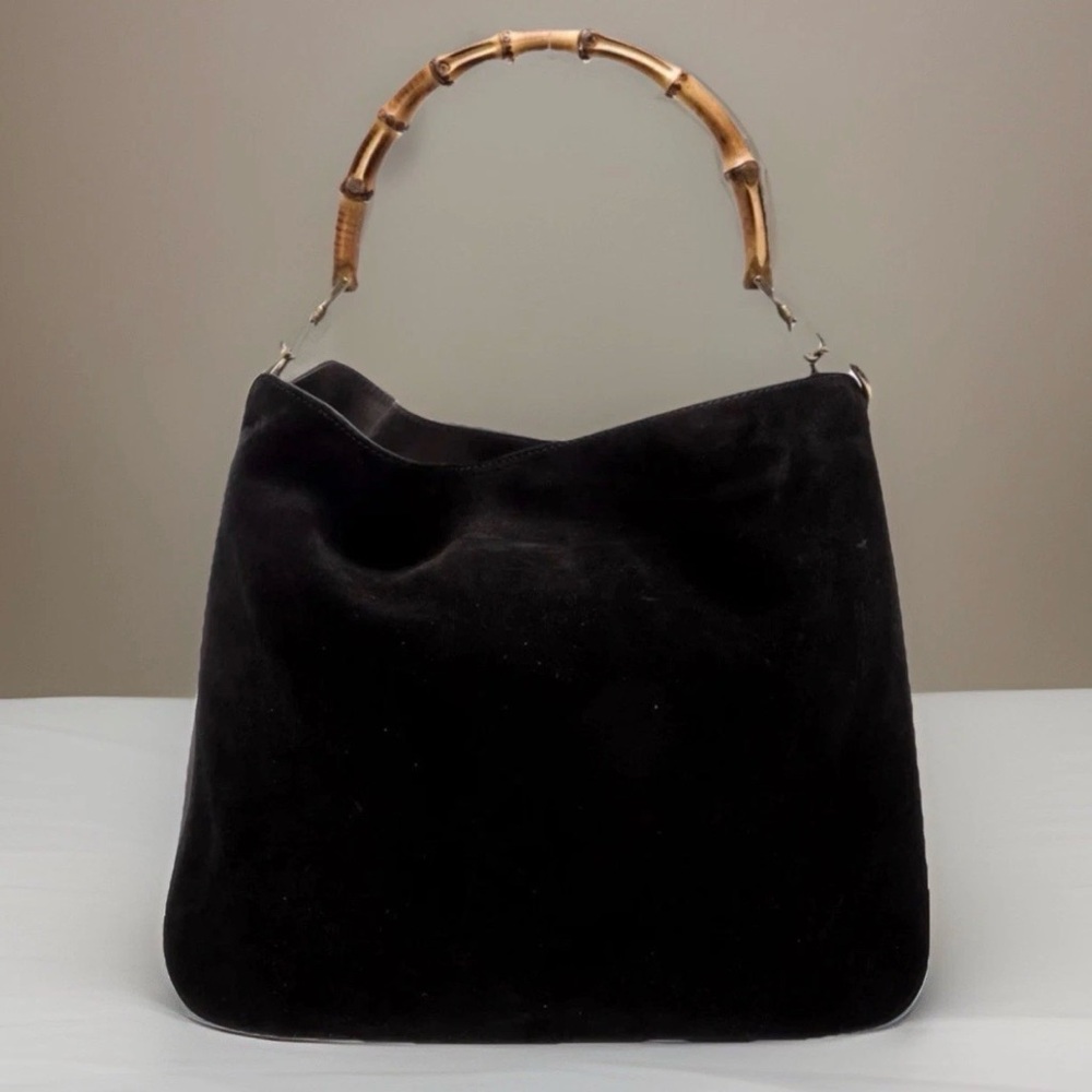 GUCCI Suede Slouchy Bohemian Lady Mob Wives Natural Bamboo Wood Handle Hobo Bag - Picture 3 of 8